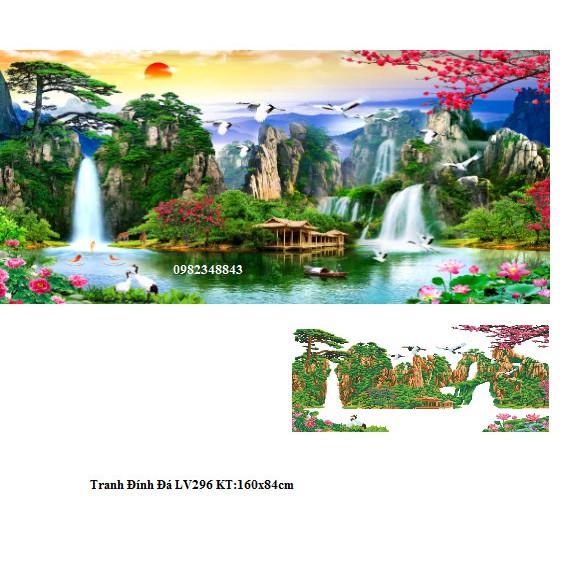 Tranh đính đá phong cảnh non nước hữu tình KT:160x84cm. Tranh gắn đá tự làm.