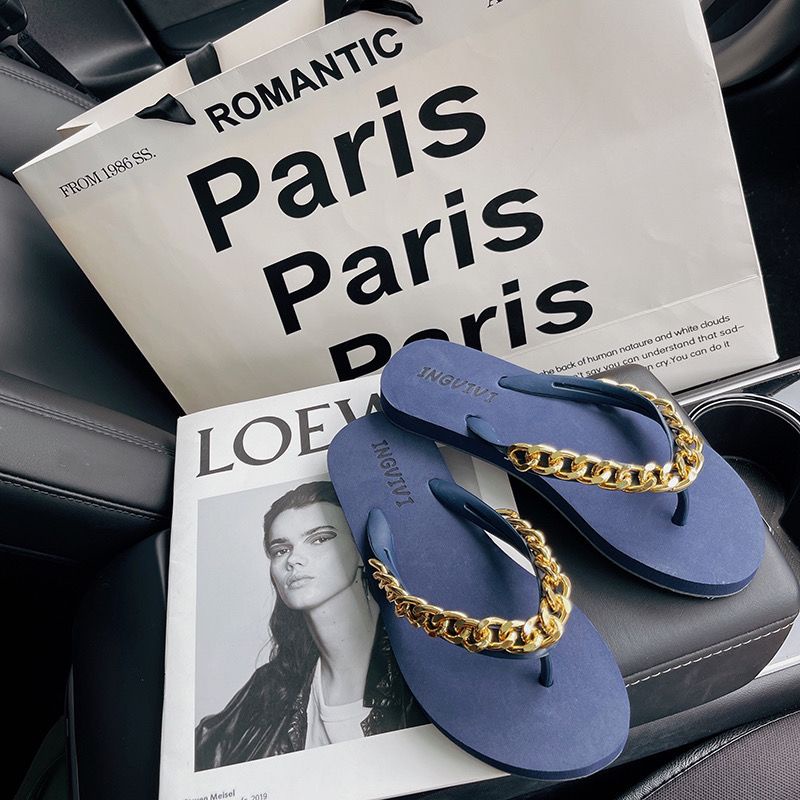 Dép Quai Ngang Đế Bằng Phối Dây Xích Thời Trang Mùa Hè Hàn Quốc 2022 Mới Cho Nữ