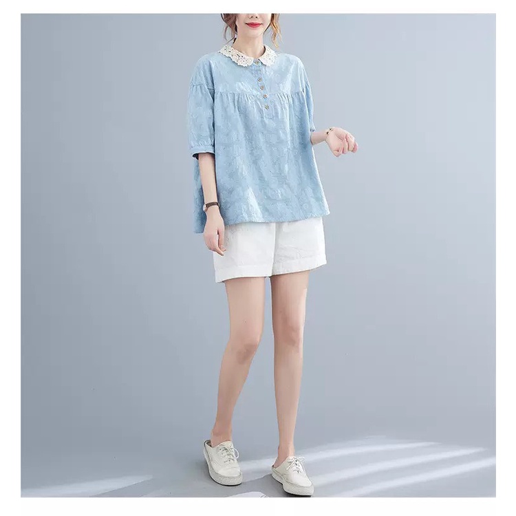 Áo kiểu cổ búp bê phối ren 2MAMA dáng rộng thêu hoạ tiết, kiểu hàn quốc xinh xắn đáng yêu