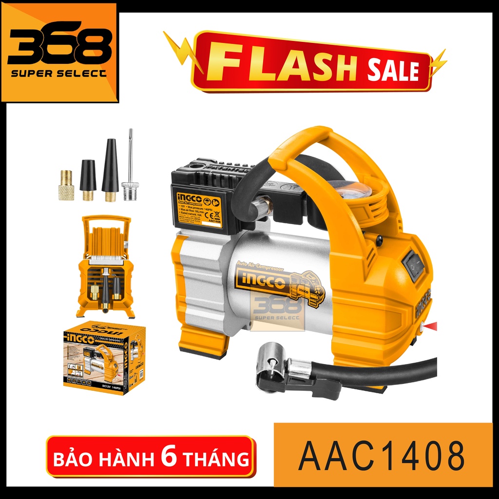 Máy bơm hơi mini có đồng hồ áp suất INGCO AAC1408 nhỏ gọn ổn định tiện dụng