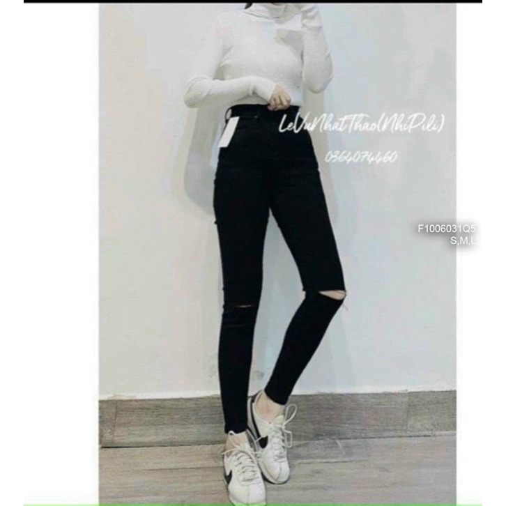 Quần jean đen dài cắt xé hai gối đáy cao TT1006