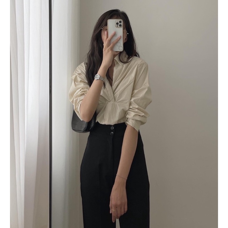 [Ảnh thật/Sẵn/Video]Áo sơmi thô xoắn ngực style Ulzzang | BigBuy360 - bigbuy360.vn