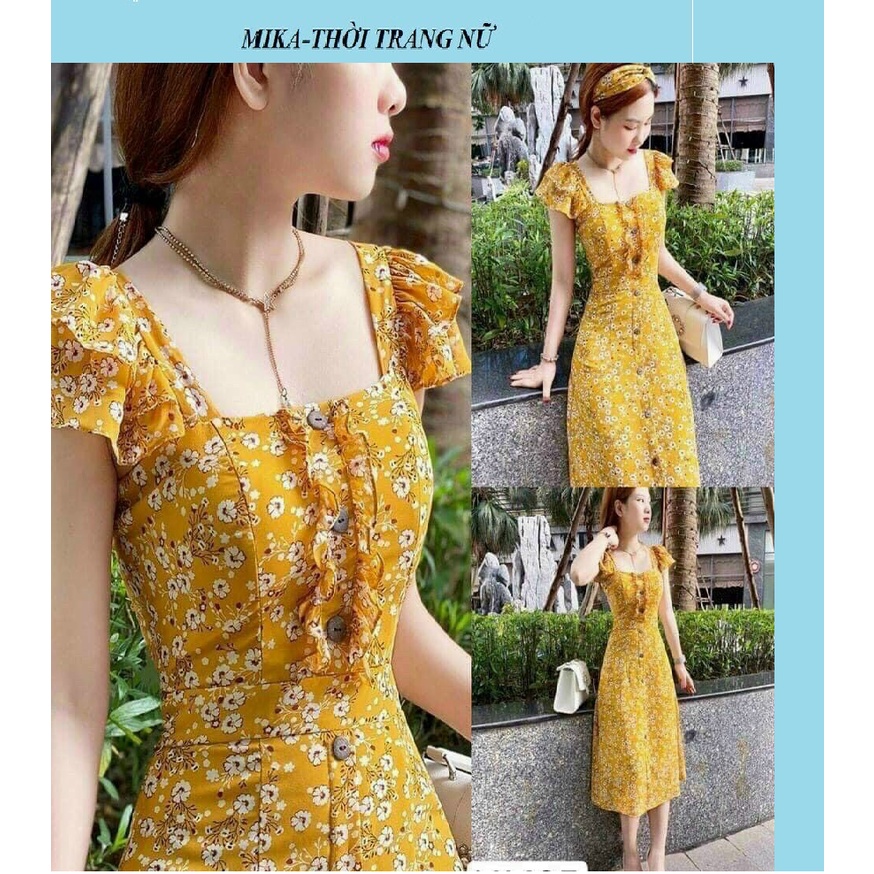 Đầm voan lụa hoa nhí cổ vuông tay cánh tiên xếp bèo kèm băng đô siêu xinh