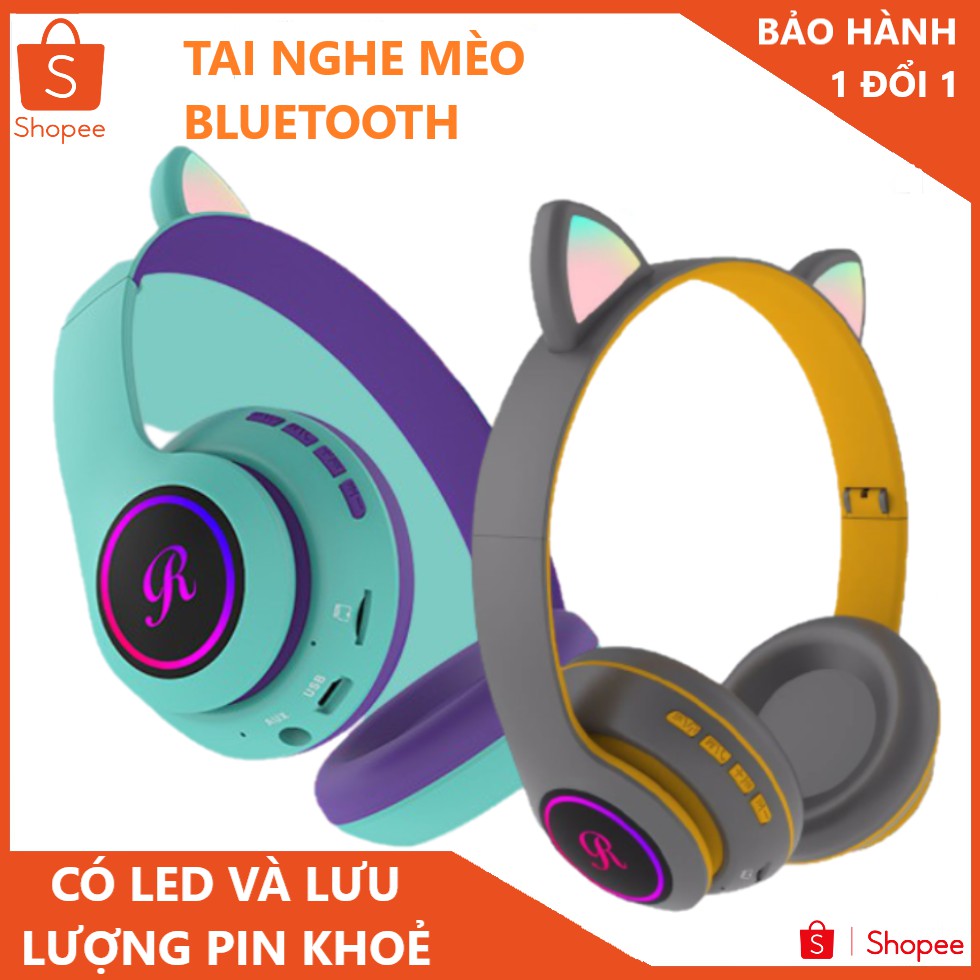 Tai nghe buetoolh Tai nghe Mèo Có led có mic đàm thoại hỗ trợ