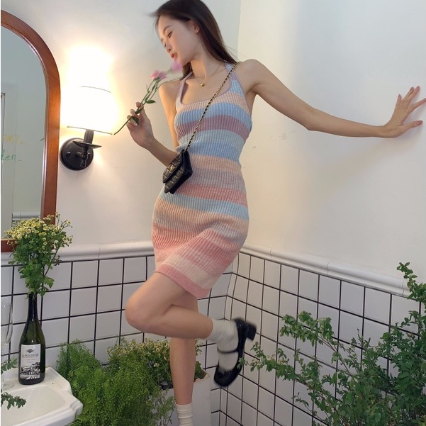 [MURIOKI] Đầm Dệt Kim Hai Dây Mini Ôm Dáng Màu Cầu Vồng Phong Cách Hàn Quốc Cho Nữ