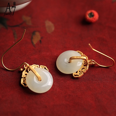 Bông Tai Bạc A7 Đính Đá Ngọc Bích Trắng Phong Cách Retro Trung Quốc