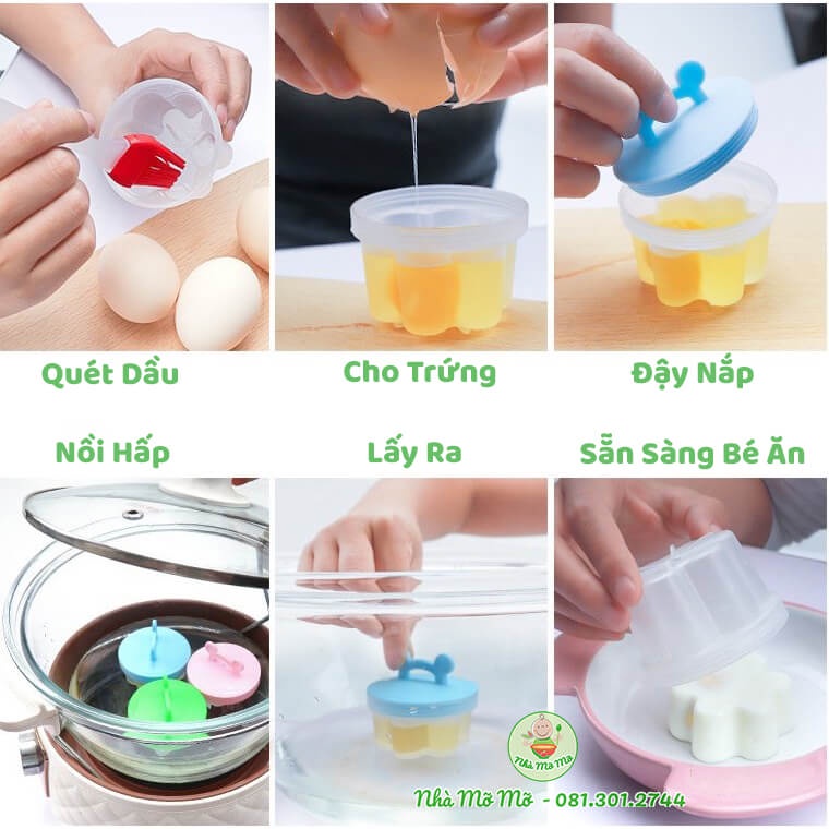 Bộ 4 Khuôn Hấp Trứng, Pudding, Thạch, Caramen Cho Bé Ăn Dặm (tặng kèm chổi) - Nhà Mỡ Mỡ