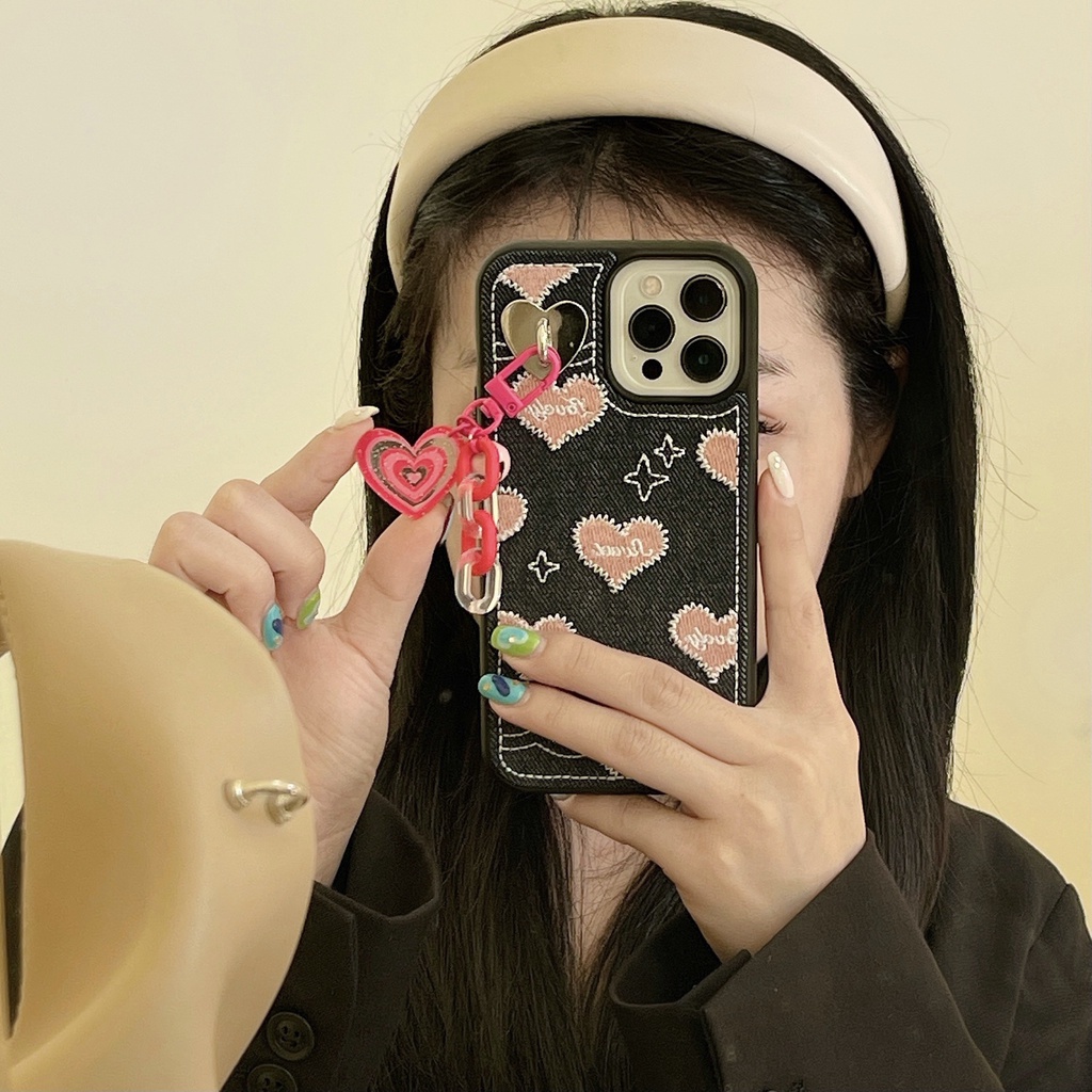 Ốp Điện Thoại Tpu Dẻo Màu Hồng Thêu Họa Tiết Trái Tim Đơn Giản Chống Sốc Chống Rơi Cho iPhone 14 13 12 11 Pro XS Max XR