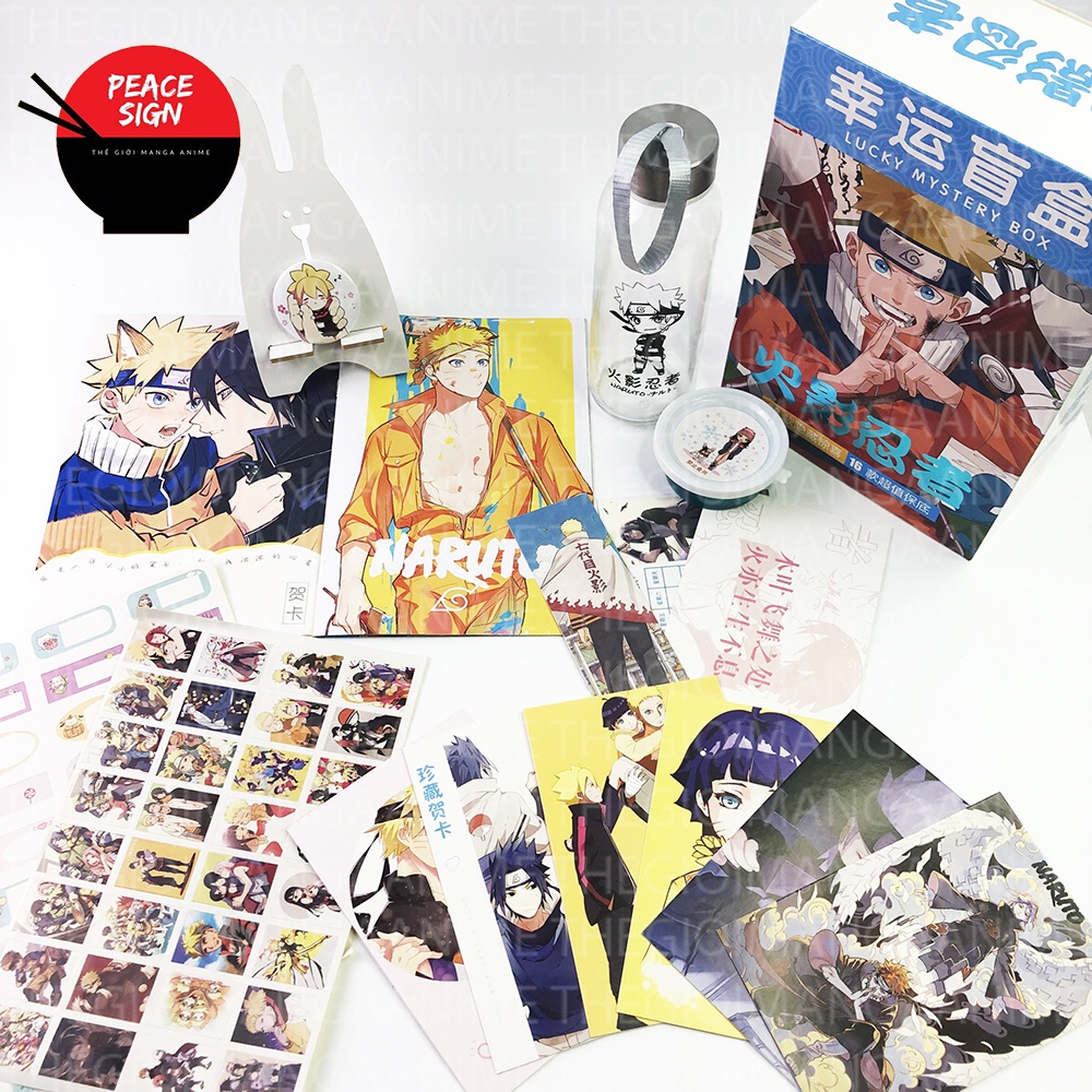 (150) Hộp quà tặng anime NARUTO SHIPPUNDEN có bình nước ảnh dán vòng tay ảnh thẻ postcard chibi