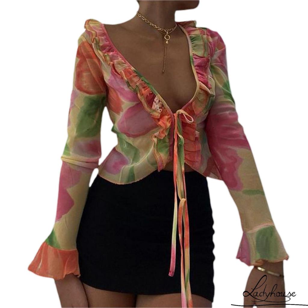 Áo Khoác Cardigan Xuyên Thấu In Họa Tiết Hoa Màu Cam Cho Nữ