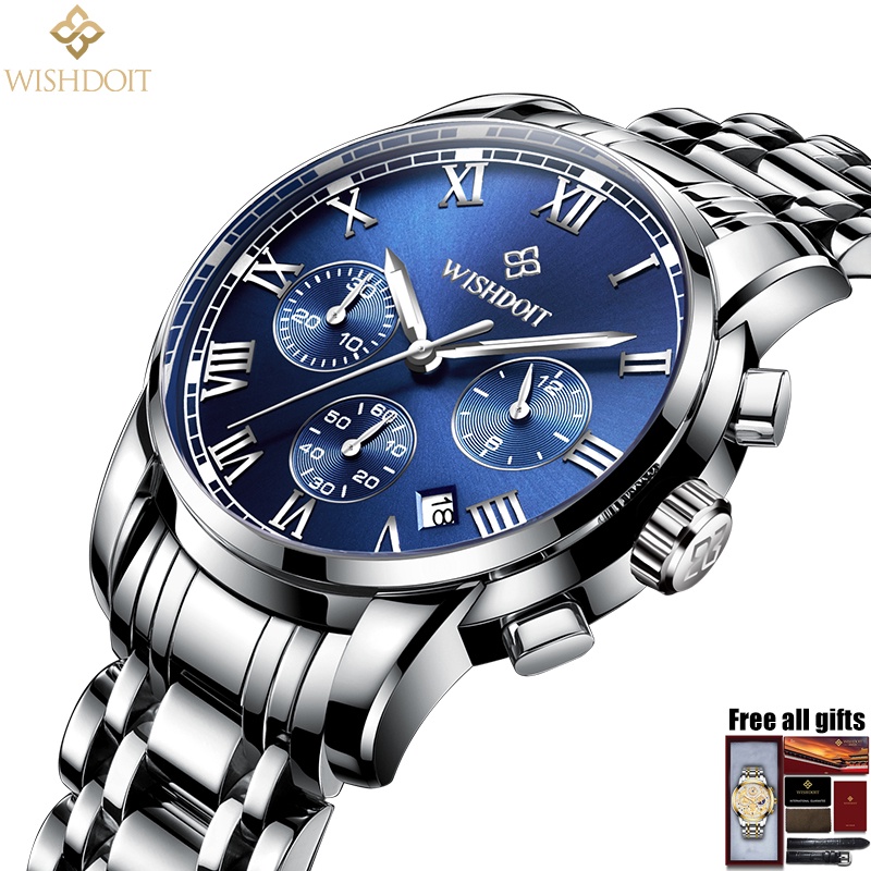 Đồng hồ thạch anh WISHDOIT màu vàng kim dây đeo thép không gỉ cách doanh nhân chống nước cho nam