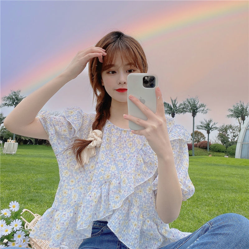 Áo Thun Nữ Tay Ngắn Cổ Tròn In Hoa Phong Cách Hàn Quốc 2021