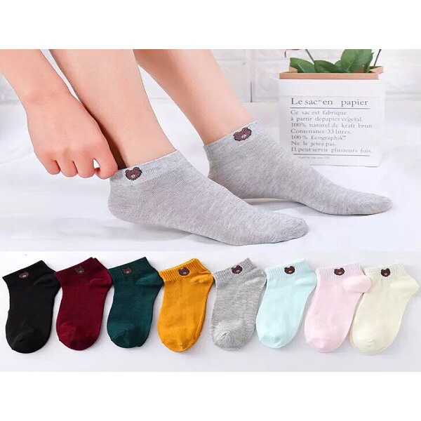 Bộ 10 đôi tất, vớ cổ ngắn hình gấu brown dễ thương (Có túi cute)