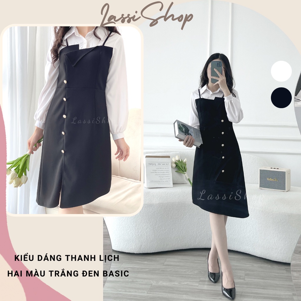 Váy 2 dây liền cổ phối sơ mi LUXY V37 Đầm sơ mi công sở phong cách trẻ trung đủ size từ 42kg - 65kg