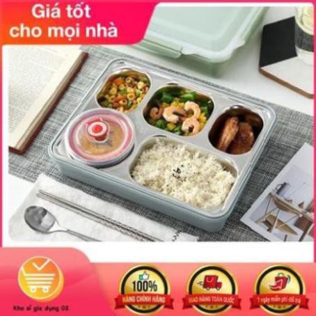 Hộp Đựng Cơm Văn Phòng Khay Inox 5 Ngăn Có Bát Để Canh Bọc Nhựa Bên Ngoài - Giá Điện Thoại Tặng Thìa Đũa Inox
