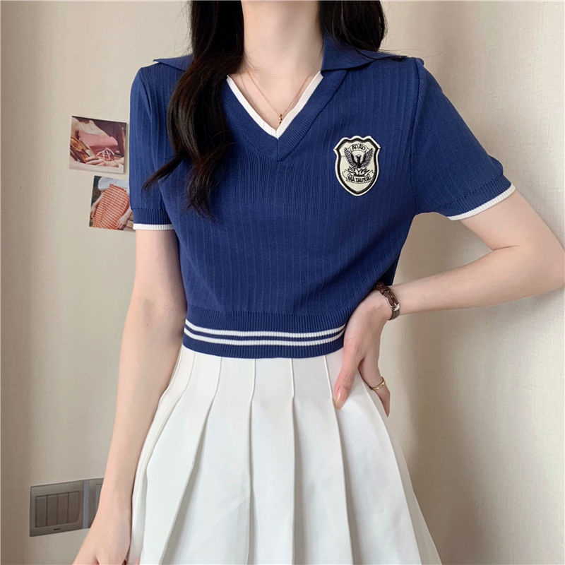 Áo Thun Dệt Kim Ngắn Tay Cổ Chữ V Thời Trang Mùa Hè Cho Học Sinh