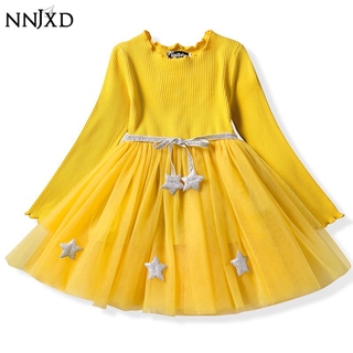 Đầm tay dài NNJXD ấm áp trang trí hình ngôi sao thời trang mùa thu cho bé gái