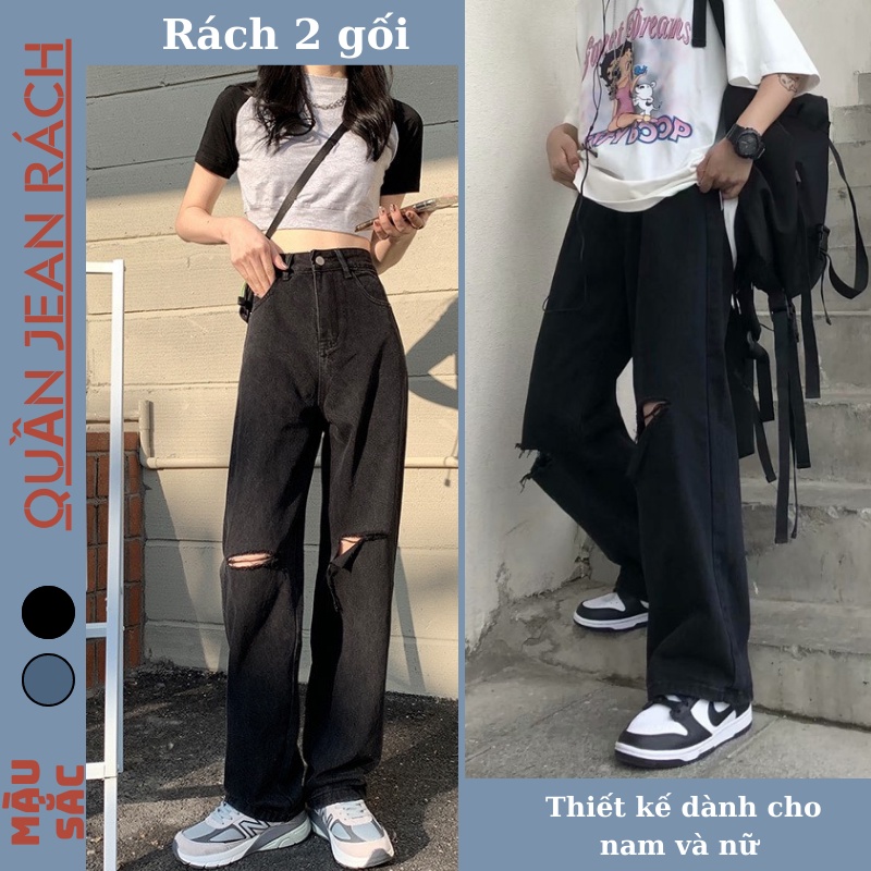 Quần jeans đen cao cấp, quần bò đen, baggy,xuông rộng nam,nữ, Crying Center rách 2 cạnh,Rách 2 gối RĐ-02 hottren 2022