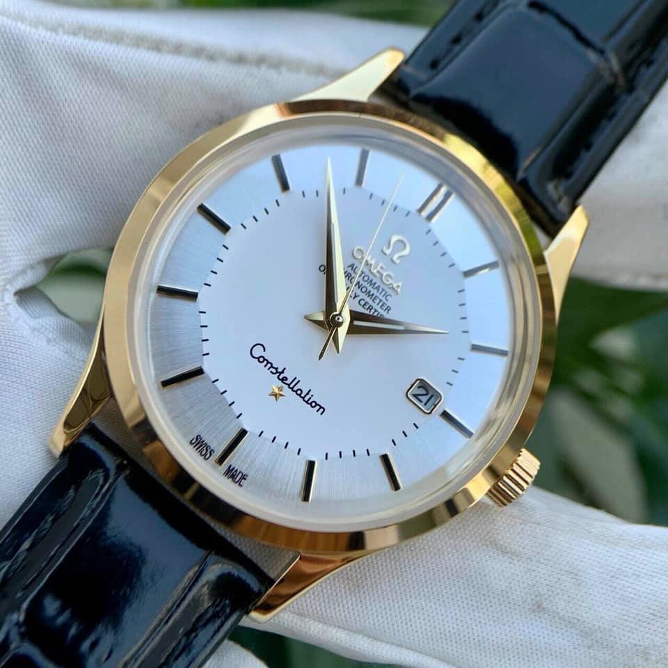 Đồng hồ Nam Omg Constellation bát quái máy nhật Myota vỏ vàng ta mặt trắng dòng cơ Automatic size 40mm dây da