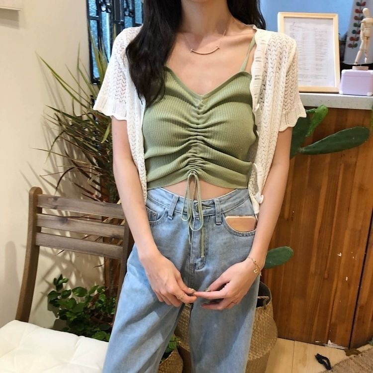Áo camisole ZHELIHANGFEI dệt kim phối dây rút xinh xắn cho nữ