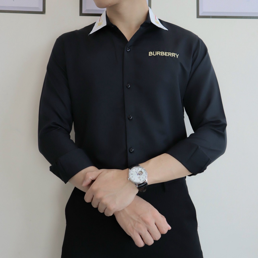 Áo sơ mi nam tay dài hàn quốc thêu BBR vải cotton lụa thoáng mát,chuẩn form,sang trọng-AHFASHION