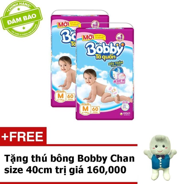 (Tặng Bobby Chan 40cm) Combo 2 tã quần bobby M60/L54