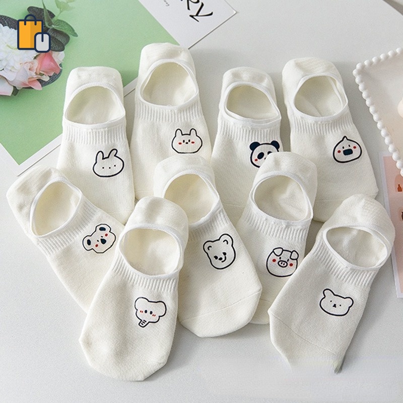 Tất cổ ngắn dễ thương bằng cotton in hình thú màu trắng thoáng khí YR OUYOU