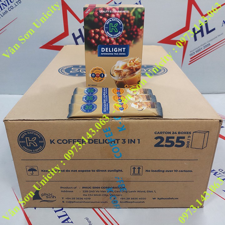 Thùng cà phê sữa K Coffee Delight Phúc Sinh 24 hộp 255g (15 gói dài * 17g)