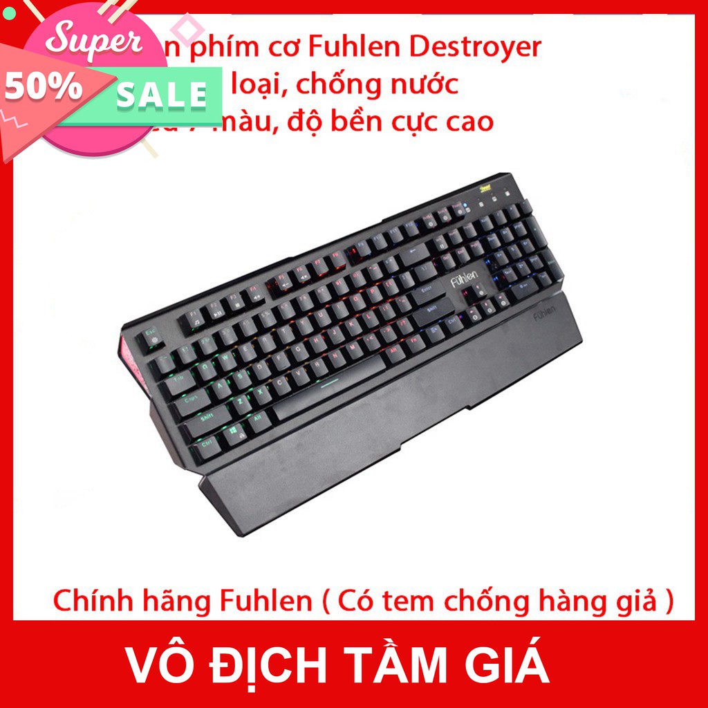 Bàn phím cơ Gaming Fuhlen Destroyer - Vỏ kim loại - Blue switch - Kê tay thào rời - Đèn led 7 màu - BH 24 tháng