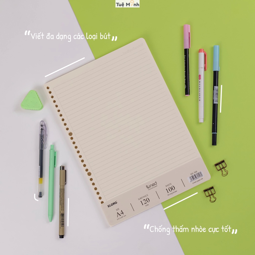 Ruột sổ còng Klong A4 tập 100 tờ caro/dotgrid/ kẻ ngang, giấy refill binder Klong 120gsm