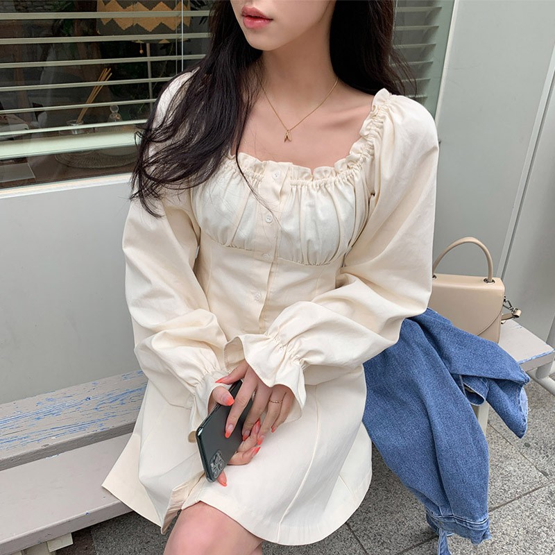 Đầm tiểu thư cổ vuông dài tay màu sắc trang nhã ulzzang vintage - u.w
