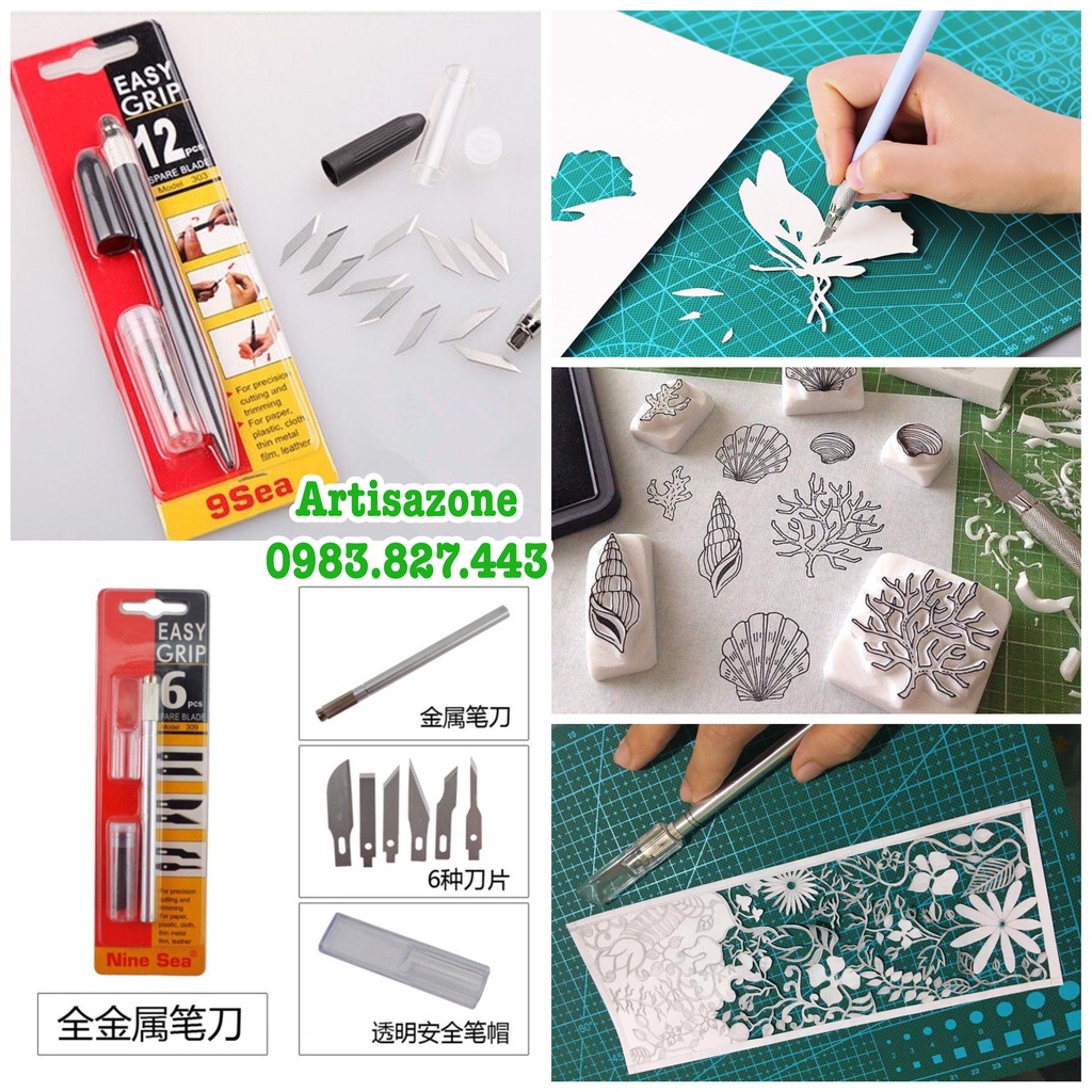 Bộ dụng cụ cắt, tỉa mô hình giấy - Kirigami - Hãng 9sea (Loại 06 lưỡi/ 12 lưỡi/ hộp 10 lưỡi dao thay thế bán lẻ)