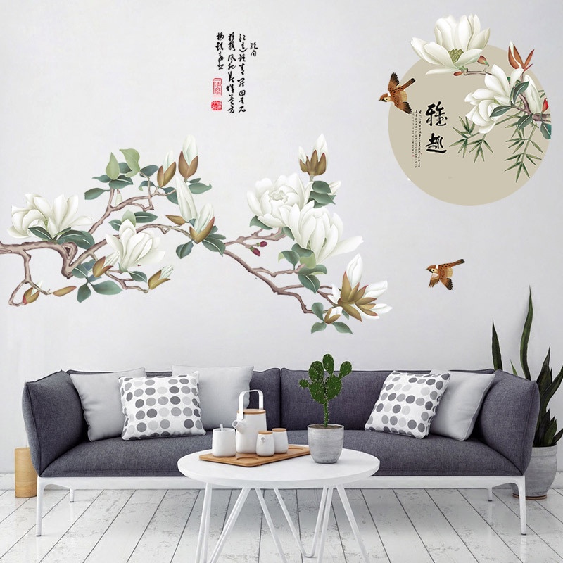 Tranh 3D dán tường Cành hoa và chim trời, Decal phong cảnh trang trí KT 155x45