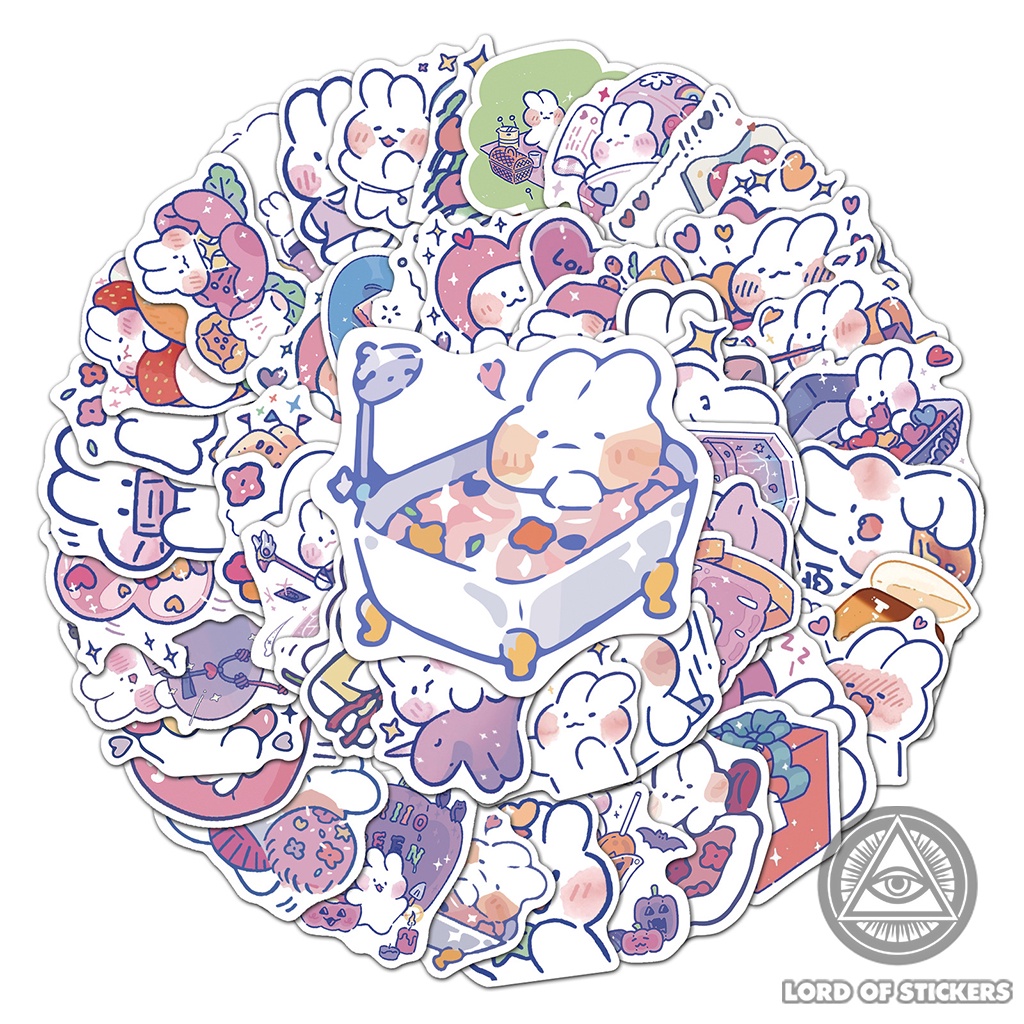 Set 50 Nhãn Dán Sticker Mini Hoạt Hình Thỏ Trắng Đáng Yêu Cute Chống Thấm Nước Trang Trí Bình Nước, Điện Thoại, Máy Tính