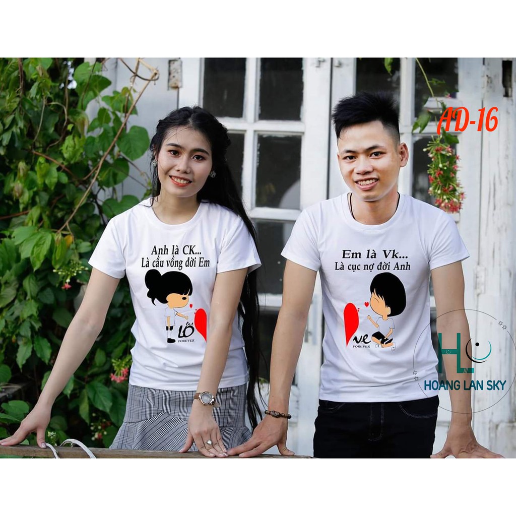 Áo thun Cặp Áo Đôi Nam Nữ Màu Trắng In Hình Nam Nữ Kèm chữ VK CK Love AD-16