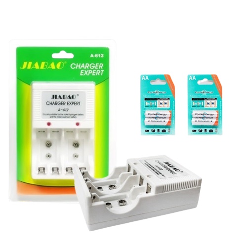 Bộ sạc pin đa năng JIABAO A-612 dùng cho pin sạc AA, AAA và pin 9V có đèn báo, dock sạc pin tiểu 2A, 3A, 9V tự ngắt