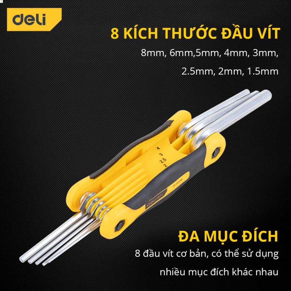 Bộ Lục Giác Gập 8 Chiếc Đầu Bằng Deli Cao Cấp - Thiết Kế Nhỏ Gọn, Tiện Dụng, Dễ Dàng Tháo Lắp, Sửa Chữa DL3598 .