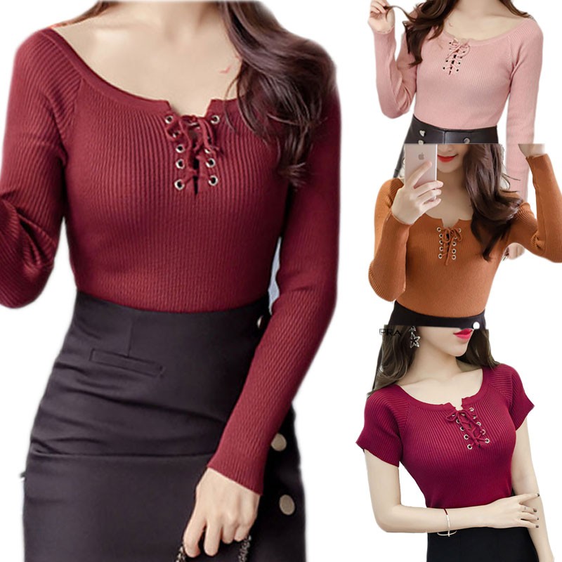 【Ready Stock】Women Blouse Knitted T-Shirt Cross Tie Top Blouse | BigBuy360 - bigbuy360.vn