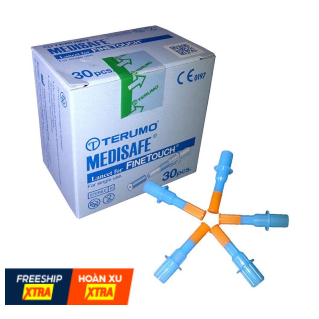 Combo Que test thử đường huyết TERUMO MEDISAFE FIT, nhập khẩu chính ngạch, tem niêm phong và nhãn phụ tiếng việt