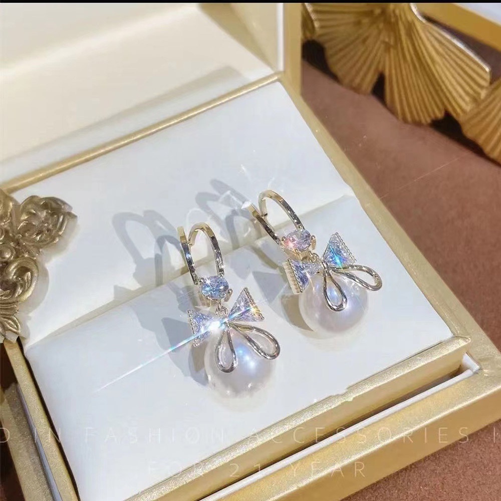 Bông Tai Hình Nơ Đính Ngọc Trai Thời Trang Hàn Quốc Cho Nữ