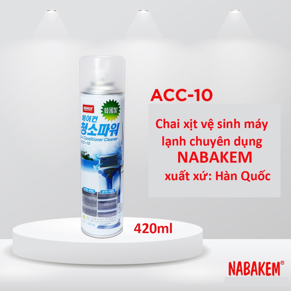 Chai dung dịch xịt vệ sinh máy lạnh chuyên dụng Nabakem ACC-10 420ml - Hàn Quốc. Chai, béc, túi áo trùm rửa điều hòa