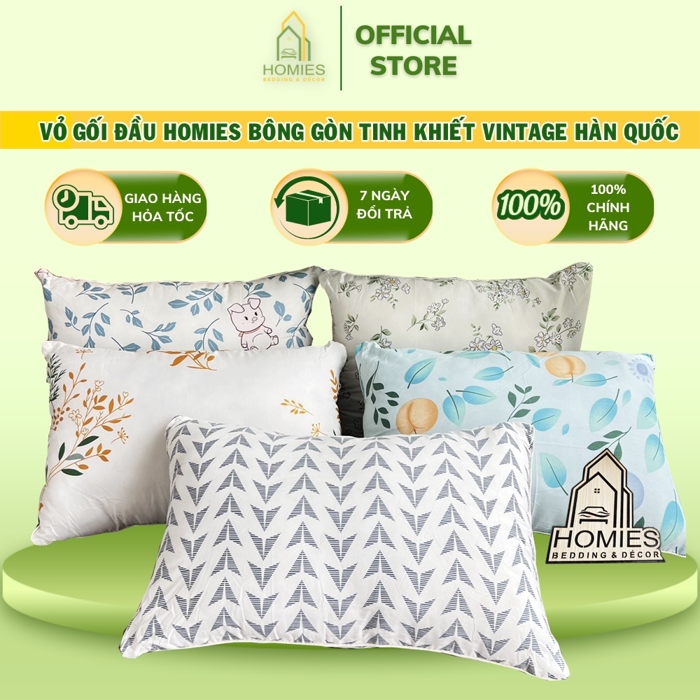 Vỏ Gối Nằm, Ao Gối Đầu Cotton PL Hoạ Tiết Vintage Hàn Quốc -  Kích Thước 45cmx65cm Có Khóa Kéo