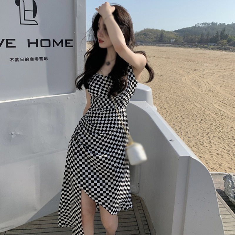 Đầm Hai Dây Dáng Ôm Họa Tiết Sọc Caro Phong Cách Hàn Quốc Thời Trang Mùa Hè Xinh Xắn Cho Nữ