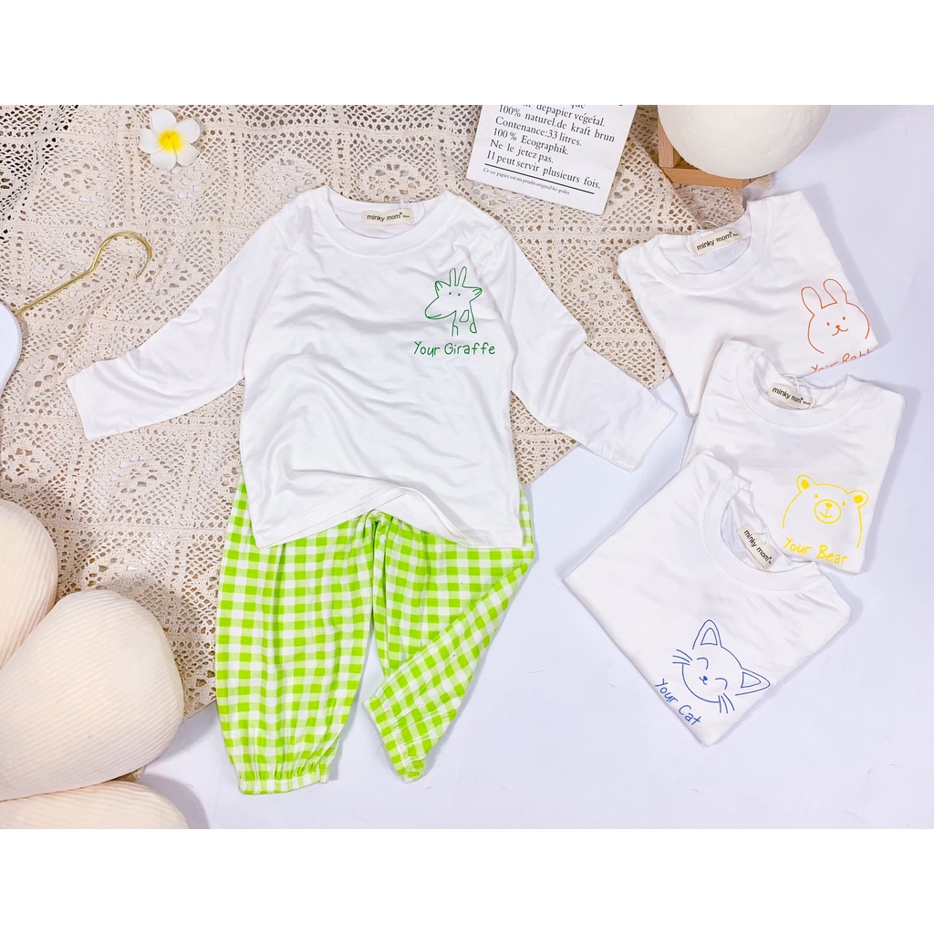 [ Bé 7-19kg] Bộ Dài Tay Thun Lạnh Áo Trắng Quần caro alibaba- Hàng Chuẩn Loại 1 MINKY MOM bé gái từ 7-19kg