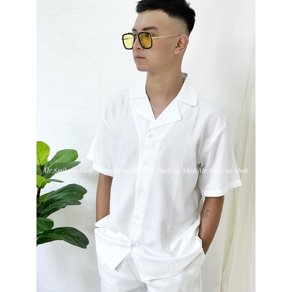 [HÌNH THẬT] ÁO SƠ MI TAY NGẮN TRẮNG ĐEN BASIC CỔ VEST FORM RỘNG NAM NỮ UNISEX HÀN QUỐC MR SMILE 99 STREET STYLE ULZZANG