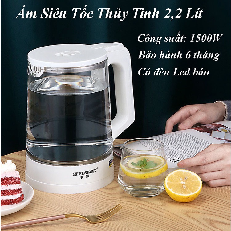 Ấm Siêu Tốc Thủy Tinh - Ấm Đun Nước Thủy Tinh Kalas Công Suất Lớn 1500W Dung Tích 2,2 Lít Đun Sôi Nhanh