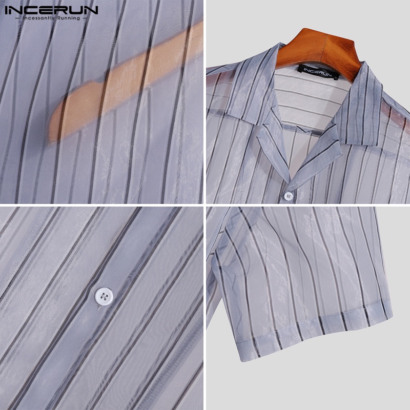 Áo sơ mi Incerun lưới tay ngắn trong suốt dáng rộng cài khuy kẻ sọc cá tính cho nam