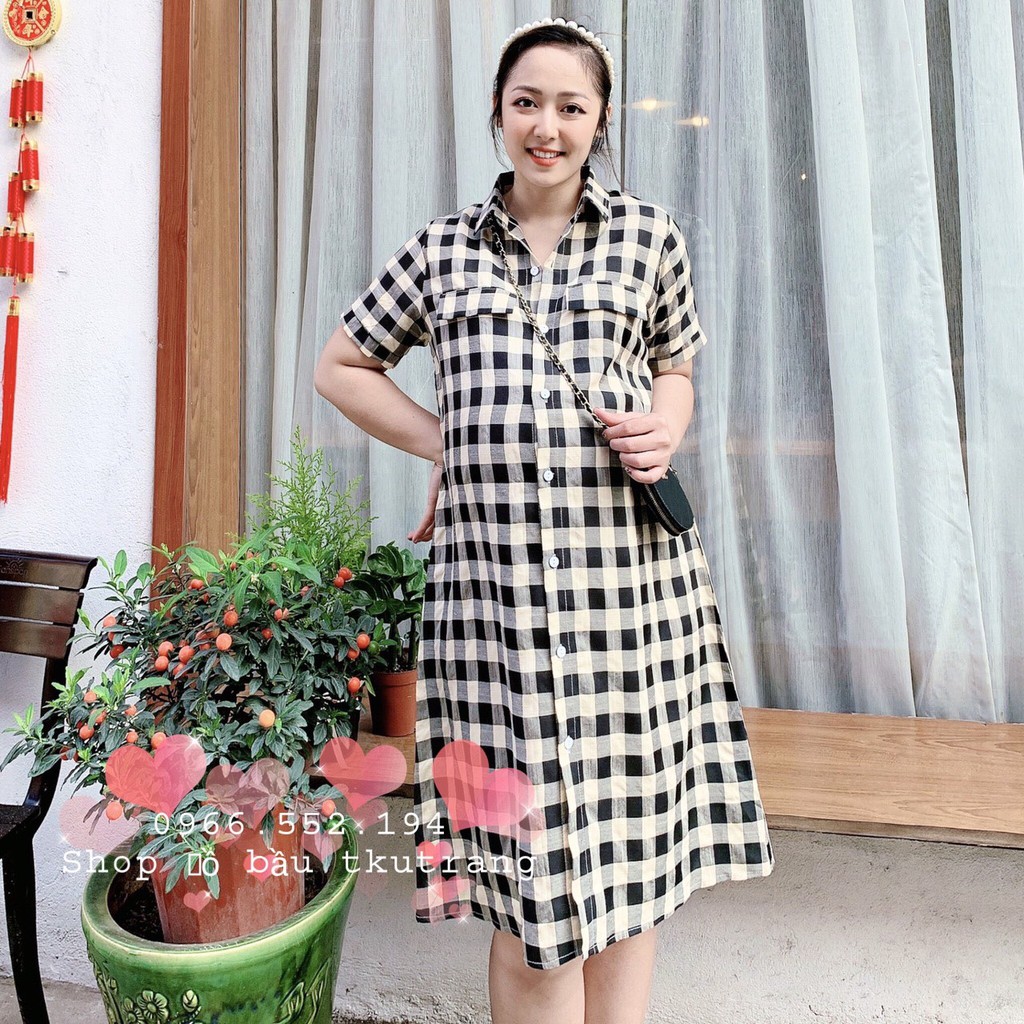 Váy bầu thời trang thiết kế sơ mi hàng cúc thật