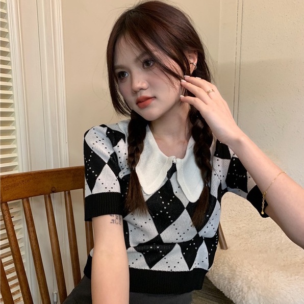 Áo thun dệt kim ZHELIHANGFEI cổ búp bê tay ngắn họa tiết hình thoi dễ thương