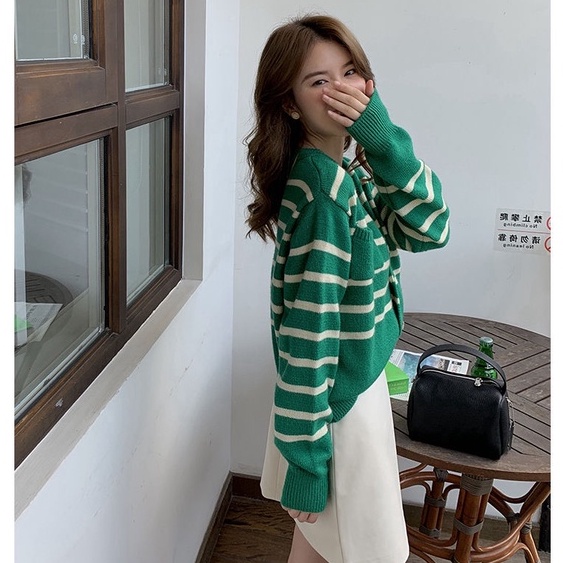 ihkke Áo khoác Cardigan dáng rộng in sọc thời trang Hàn Quốc sành điệu